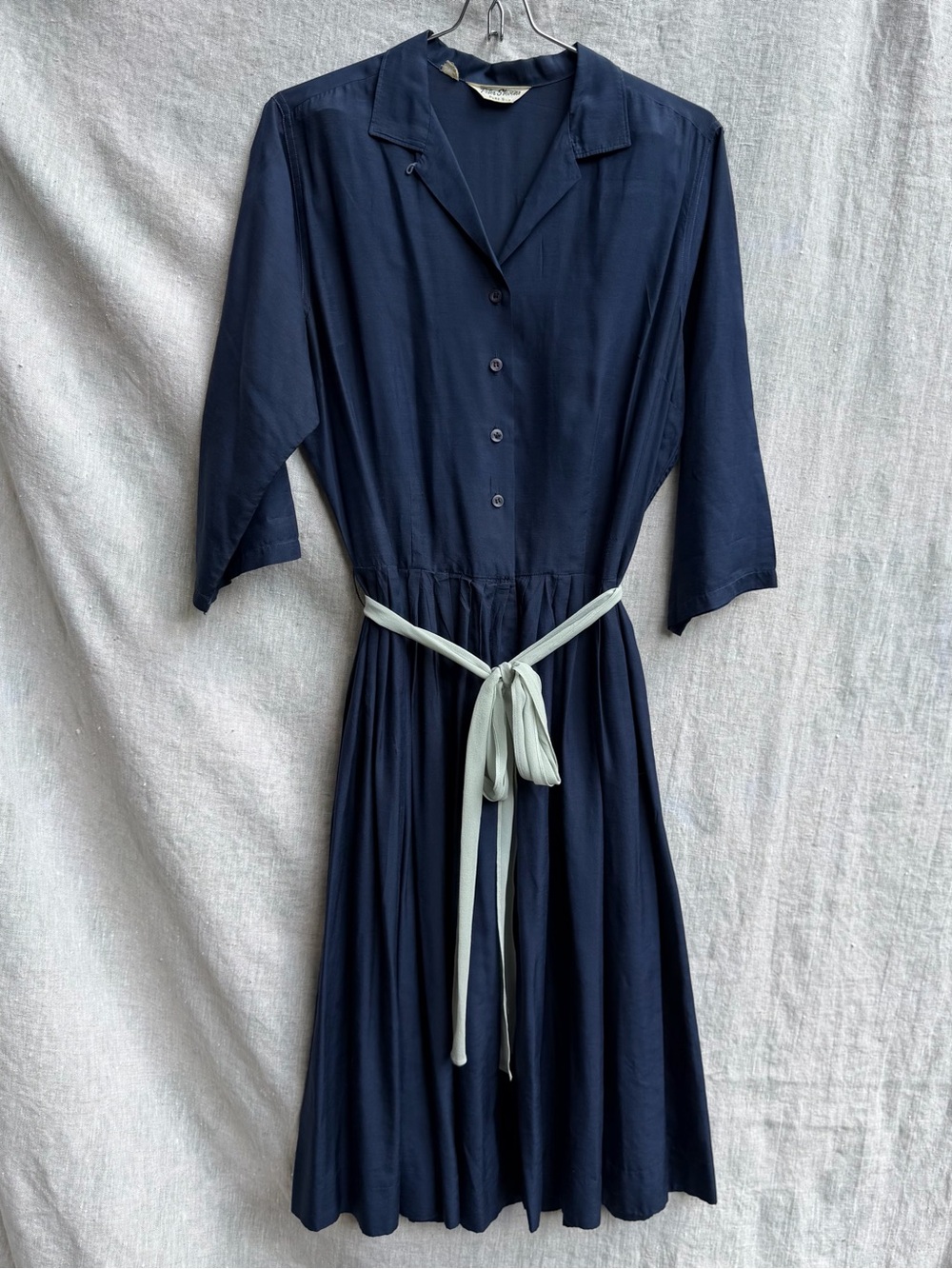 Vintage 100% Silk Navy Button-Front Midi Dress with Pale Blue Tie